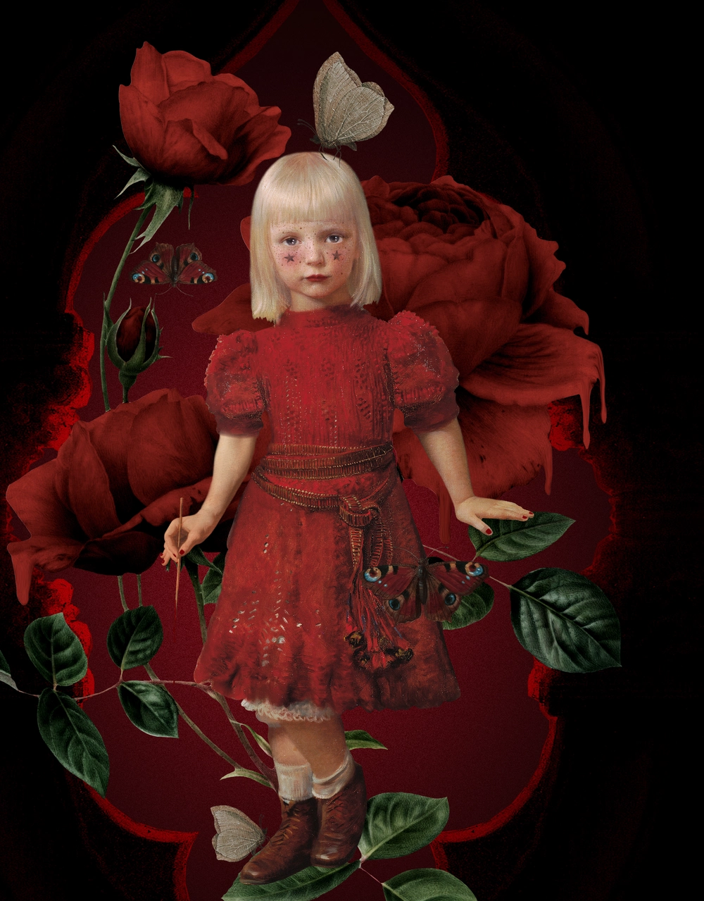 Bloody Suzy, rodeada de rosas carmesí y mariposas.