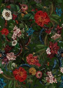 TISSU FLEURS ET SERPENTS VERT AU METRE