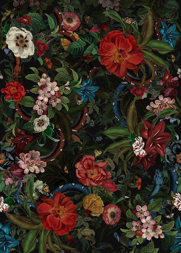 TISSU FLEURS ET SERPENTS NOIR AU METRE