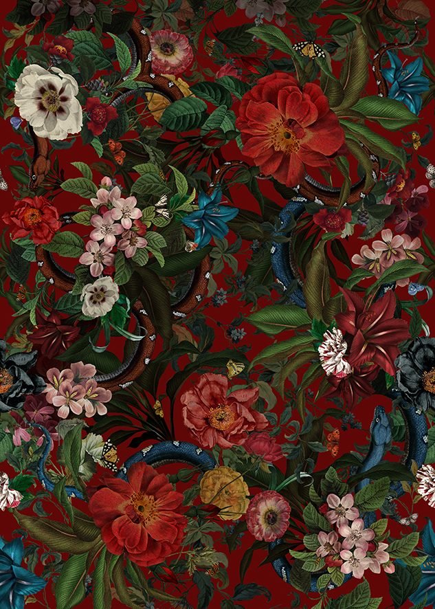 TISSU FLEURS ET SERPENTS ROUGE AU METRE