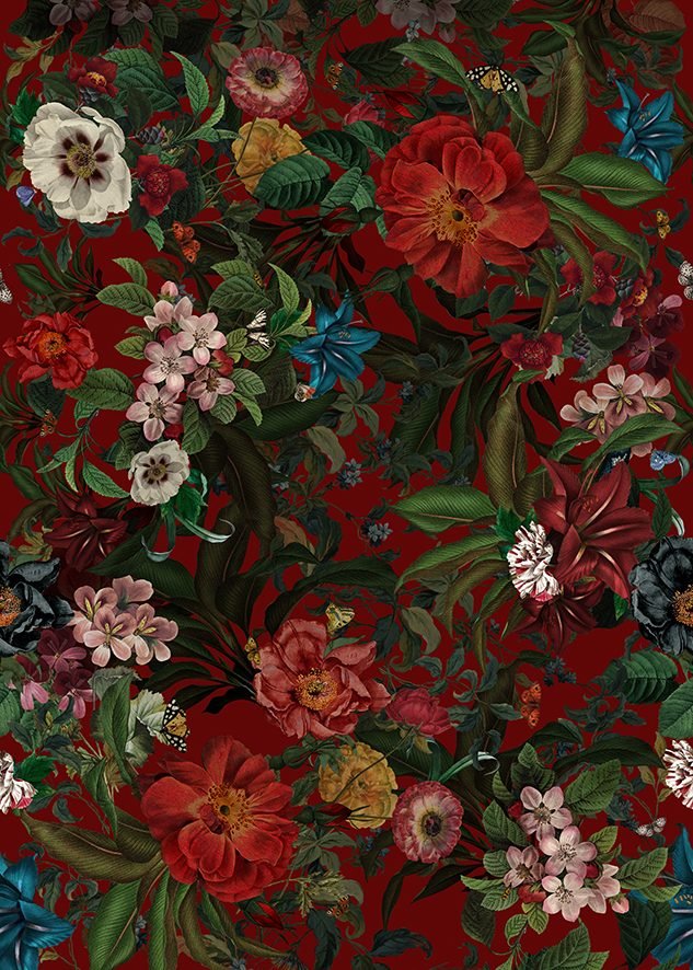 TISSU FLEURS LUXURIANTES ROUGE AU METRE
