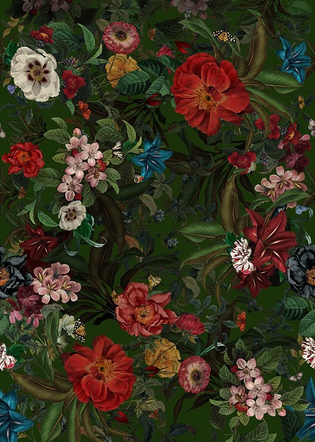 TISSU FLEURS LUXURIANTES VERT AU METRE